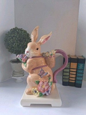 Vtg 90's Ceramic Bunny Beverage Pitcher; 13''H; 3D Flowers & Butterfly's; Retired