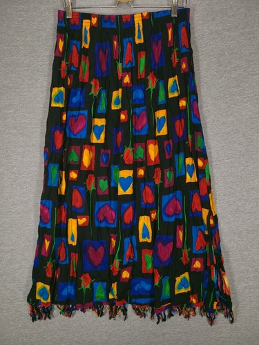Vtg We Be Bop Womens Midi Skirt 1X Plus Black Red Yellow Bright Flowy Pull On - 第 1/11 張圖片