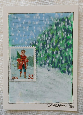 #ad #ad Postal Whimsy™ Original ACEO 1995 32¢ Folk Art Winter Stamp Tempera Watercolor $6.99