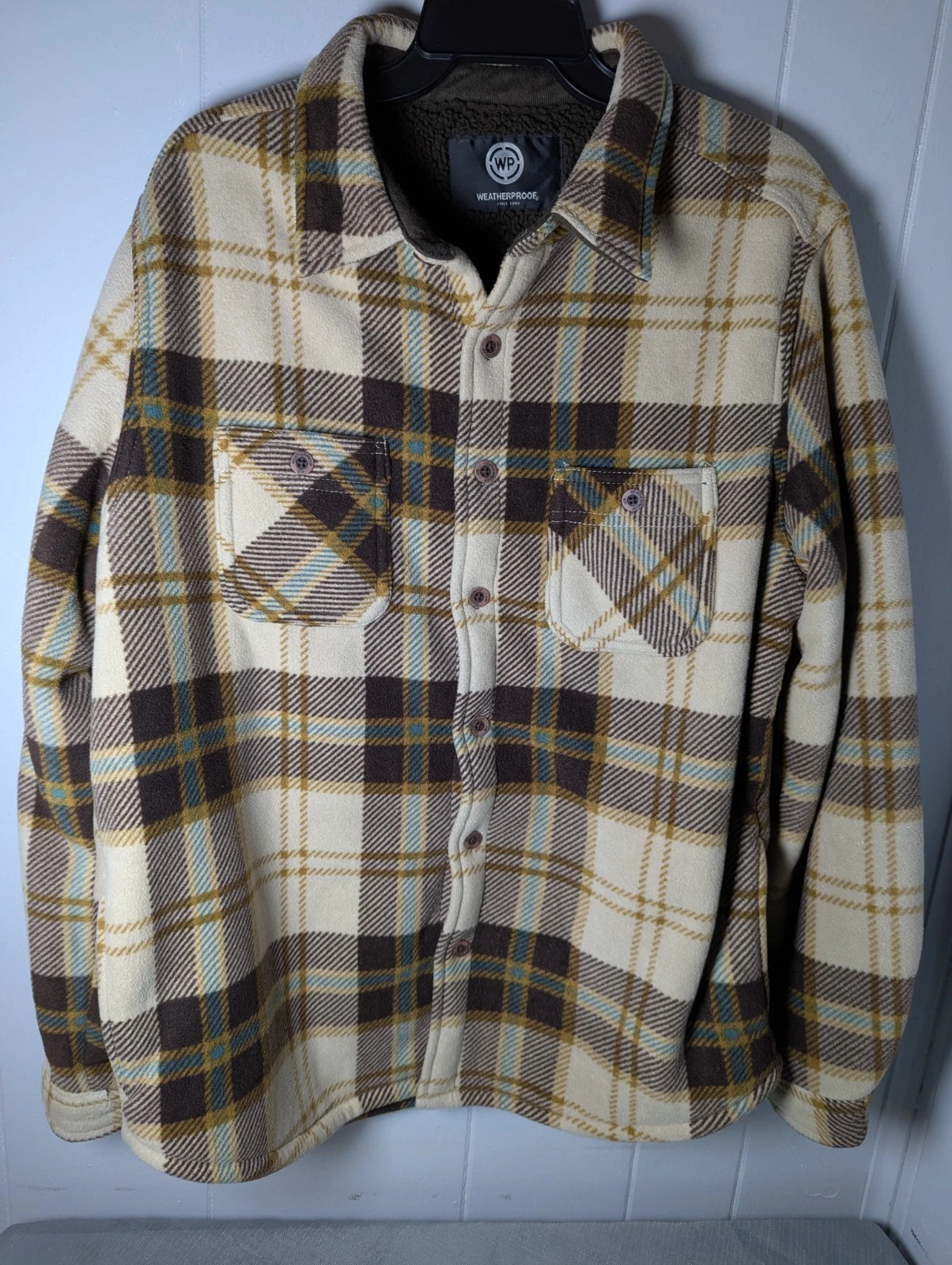 Weatherproof Vintage Fleece Lined Flannel Shirt Jacket Size L Tan & Brow Plaid