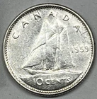 1959 Canada 10 Cents Silver Dime. Nice Detail And Clear Vivid Coin.  Free Ship !