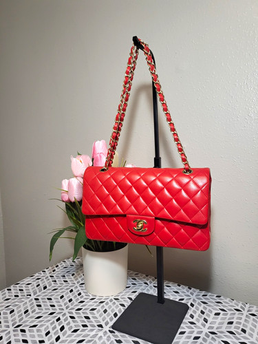 AUTHENTIC CHANEL Red Quilted Double Flaps Shoulder Bag Gold Hardware