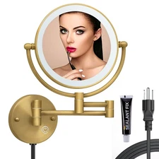 8" Brass Wall Mount Makeup Mirror with Lights, 1X/5X Double Sided Personal Mi...
