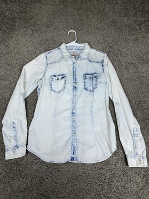 YMI Shirt Womens Medium Blue Light Wash Denim Button Up Long Sleeve Western Top