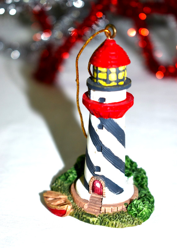 Vintage Nautical LIGHTHOUSE Ornament with Rowboat Christmas Maritime Beach Sea