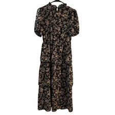GOMORN Floral Print Tiered Maxi Dress Black Yellow Short Sleeve Mock Neck Small
