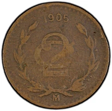 1905 Mexico 2 Centavos, Mo, KM # 419, PCGS F-15, Scarce Key Date, Mintage 50K