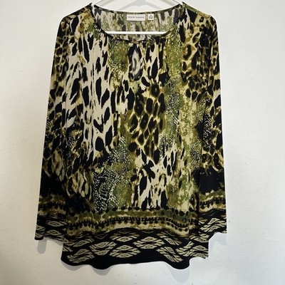 Susan Graver Womens Blouse Medium Multicolor Long Sleeve Tear Drop Neck Stretch