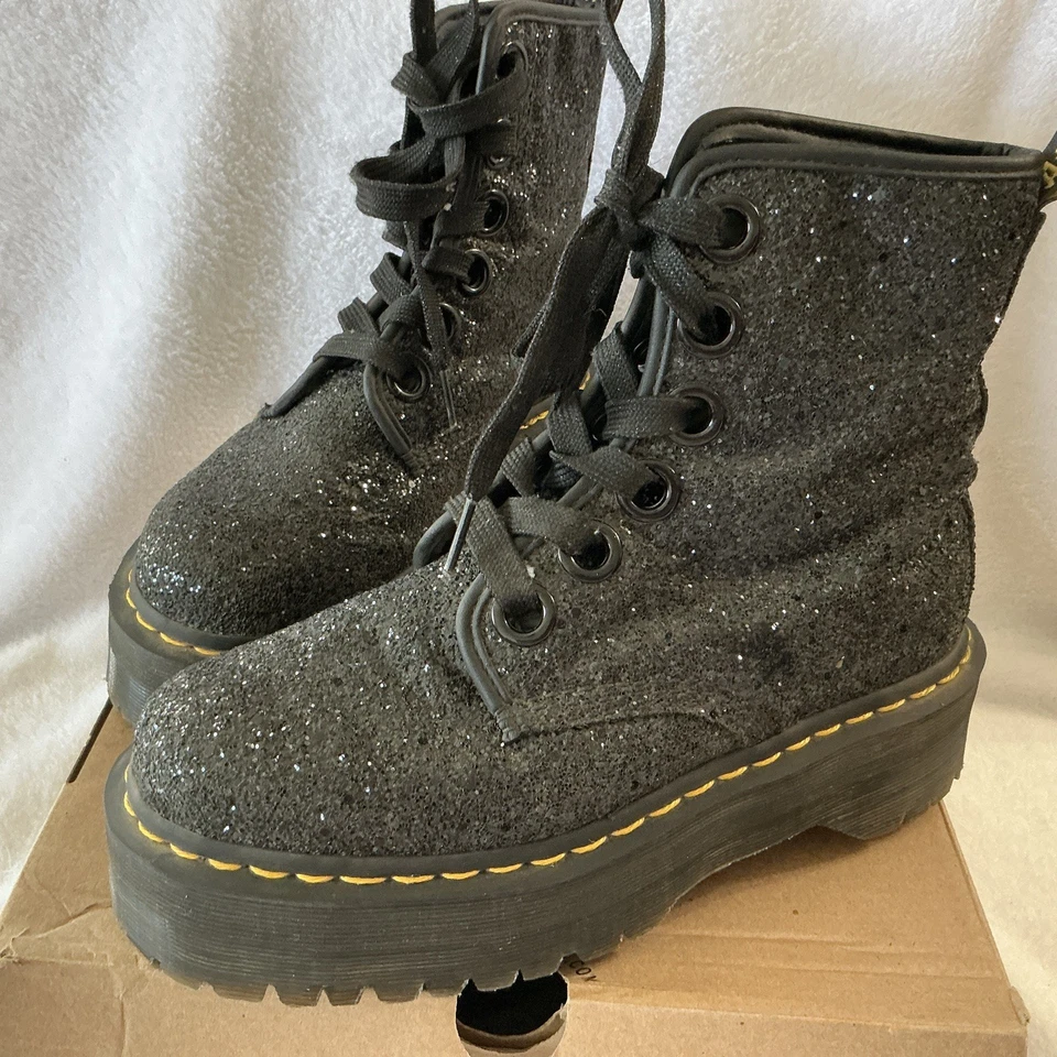 Rare Doc Martens Black Molly Glitter Boots Glam Rock Punk USA S:8 Original Box - Image 3 of 4