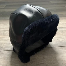 Vintage YoungAn Aviator Black Leather Hat Cap Ear Flap Sherpa Lined Cold Weather
