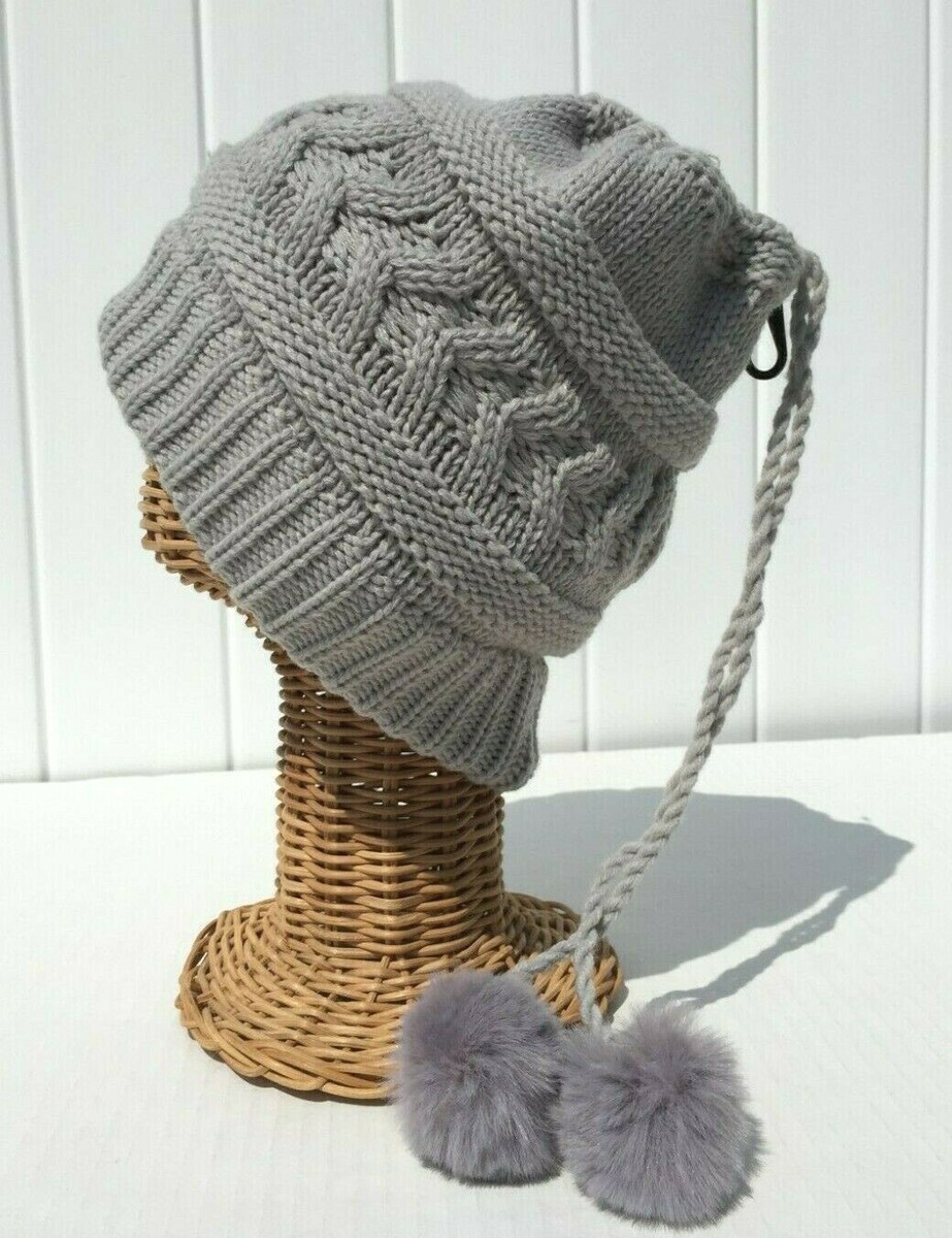 Ponytail Beanie Gray Knit High Bun Beanie Hat with Adjustable Pom Pom String #W