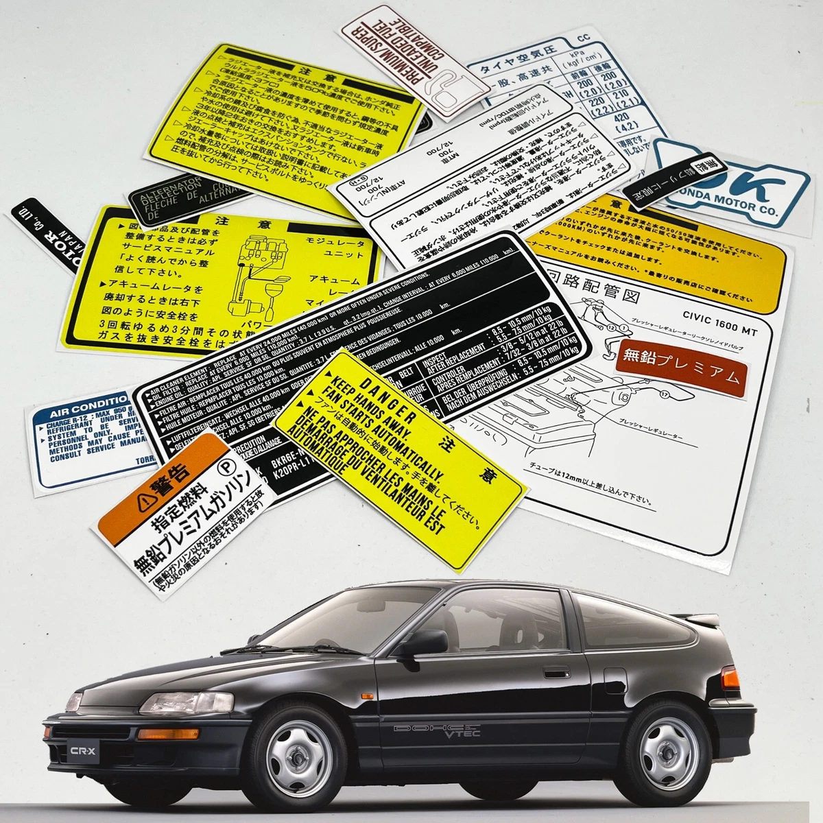 HONDA CRX SIR UNDERBONNET CAR RESTORATION WARNING STICKERS EMBLEM JDM