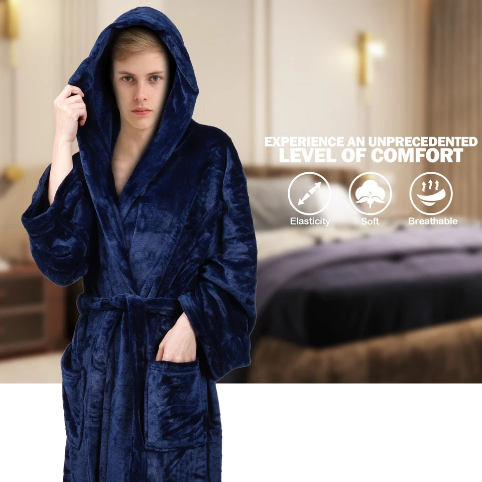 Albornoz con capucha suave para hombre largo felpa polar bata de baño cálida regalo con capucha y bolsillos Foto 4 de 4