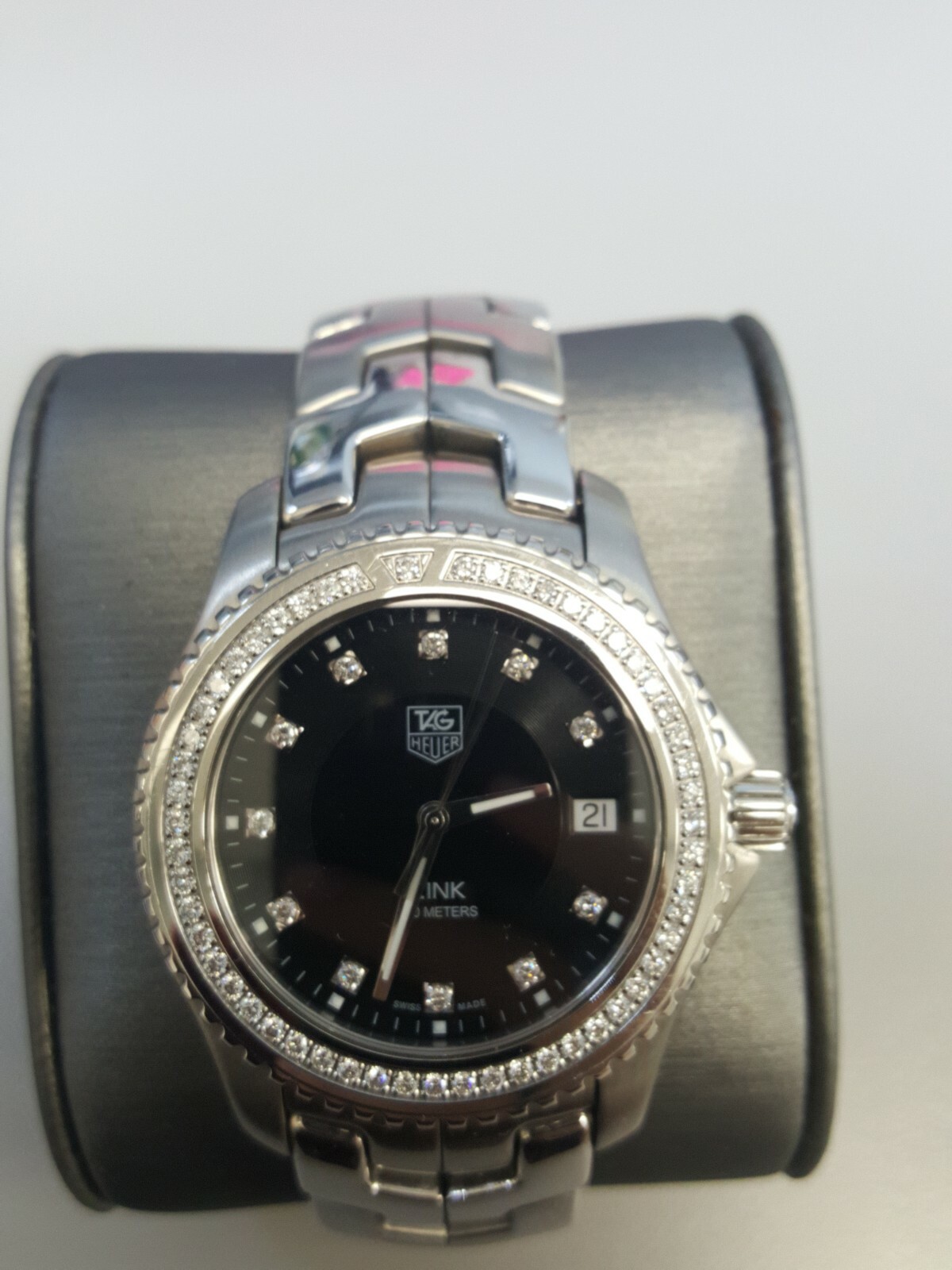 MEN'S STAINLESS STEEL TAG HEUER LINK DIAMOND BEZEL BLACK WATCH WJ11170