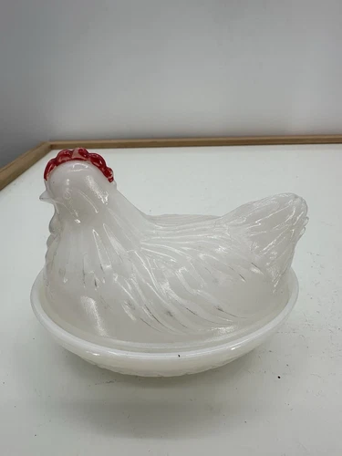 Vintage White Milk Glass Hen on a Basket Nest ~ 4.5” Long X 3.75” High