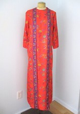 Vtg 60s 70s Tomato Red Purple Silky Maxi Robe Loungewear Pocket Layered Duster M