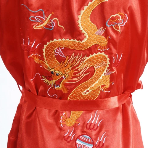 Men Satin Chinese Dragon Kimono-Silk Bathrobe Pajamas Sleepwear Gown Bath Robe - Imagen 34 de 52