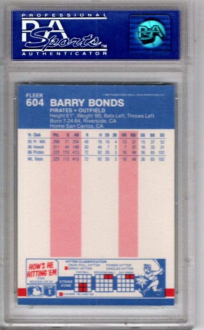 1987 Fleer  #604 Barry Bonds   - PSA 9 view 2