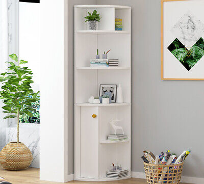 Corner White Bookshelf Kids Cabinet, White Shelving Unit With Doors
