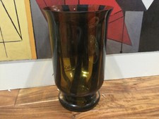 Large made in Poland Art Glass 10" Vase pedestal amber Black vertical stripes