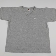 Vintage 90s Nike V Neck Gray Swoosh Logo T Shirt Made in USA Sport Athletic