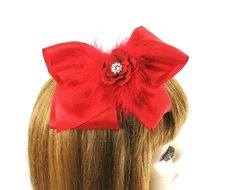Red Ribbon Hair Bow Decoration Rose Rhinestones Marabou Hat Society Ladies