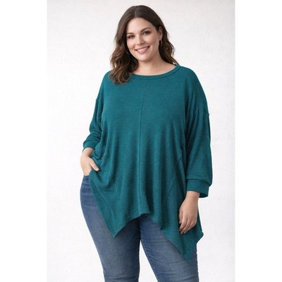 Westbound Woman Teal Waffle Knit Asymmetrical Sharkbite Hem Long Sleeve Top 2X