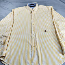 Tommy Hilfiger Golf Shirt XL Yellow White Stripe Button Down Cotton Mens