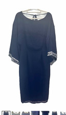 ASOS Navy Solid Shift Dress Scoop Neck 3/4 Sleeve Beaded Cuffs Lined Zip 8