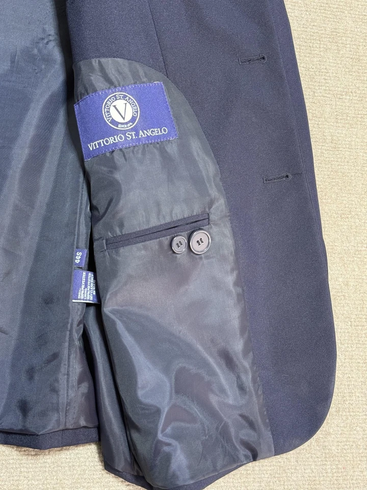 Vittorio St. Angelo Suit Mens 44S Jacket 38S Pants Navy Blue 2 Piece 3 Button - Image 4 of 4
