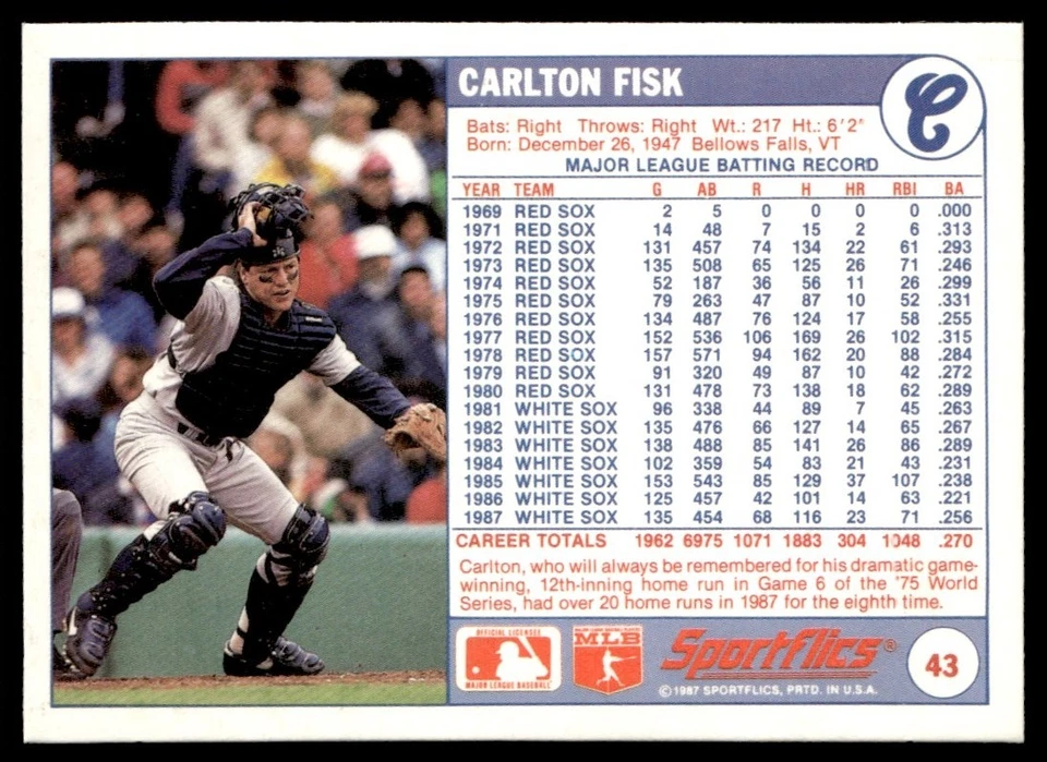 1987 Sportflics Carlton Fisk Chicago White Sox #43 - Image 2 of 2