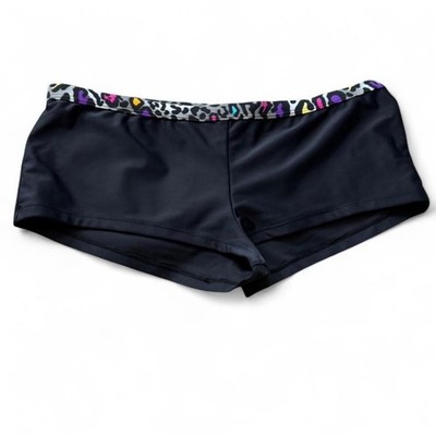Y2K Xhilaration Neon Leopard Trimmed Black Low Rise Swim Shorts, Women's Size XL
