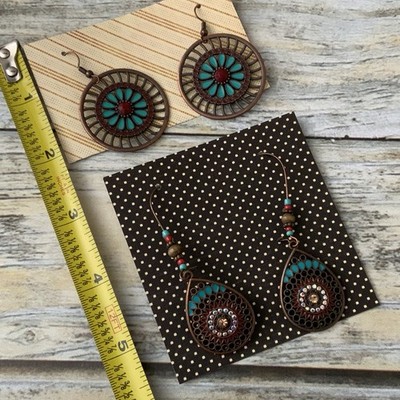 Boho Antique Copper Earrings Set - Enamel Filigree Teardrop & Mandala 