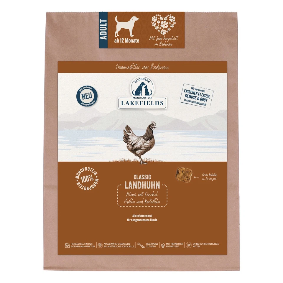 Lakefields Premium 1kg Trockenfleisch-Menü Landhuhn, Fenchel, Äpfel, Kartoffel