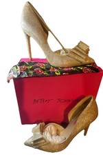Betsey Johnson Prince Gold Sparkle Glitter High Heels Point Bow Event Womens 8