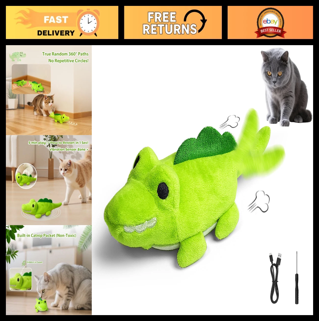 Interactive Cat Toy - Auto Moving Alligator, 360° Movement, Rechargeable, Catnip