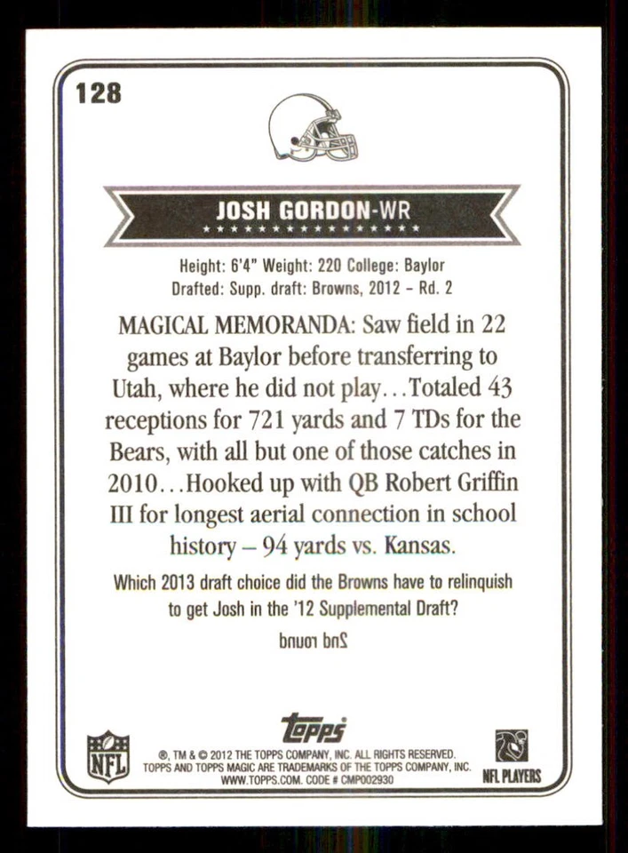 2012 Topps Magic #128 Josh Gordon RC - Image 2 of 2