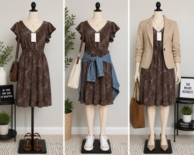 A New Day Midi Shirt Dress Women L Brown  Short Sleeve Leaf Print  Midi NWT