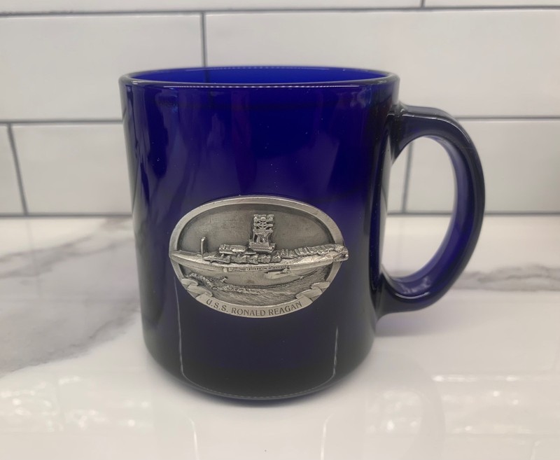 USS Ronald Reagan CVN-76 Blue Glass Coffee Mug USN US Navy Aircraft Carrier
