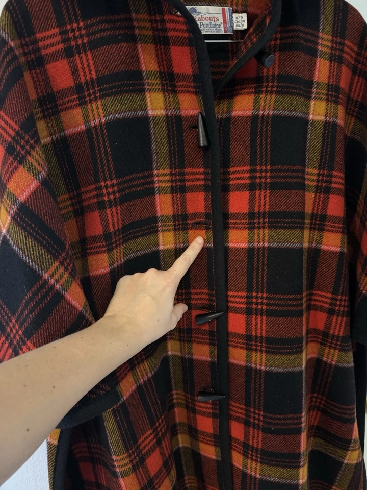 Pendleton 复古羊毛 Cape Poncho Knockabouts Pendleton 格子红色橙色 Blk — 第 4/4 张图片