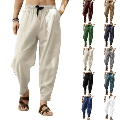 Men Cotton Linen Baggy Trousers Elastic Waist Wide Leg Loose Casual Harem Pants - Image 1 of 4