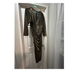 Fashion Nova Gold Ruched Bodycon Midi Dress Long Sleeve V-Neck Stretch M