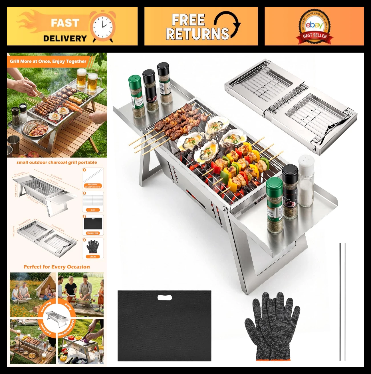 Compact Portable Charcoal Grill - Mini Folding BBQ with 4-Level Heat Control for