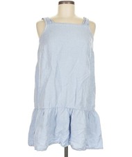 Loft Blue Linen Square Neck Tiered Shift Dress Medium Petite Minimalist Casual