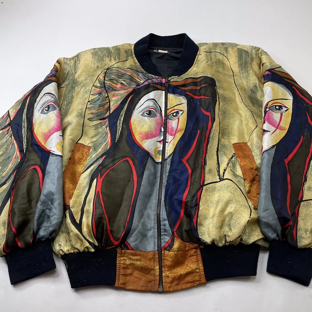 Vintage Artsy Women s Bomber Jacket Art Coat Picasso Abstract Colorful Medium