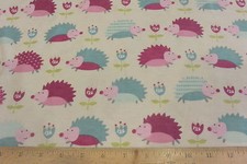 Forest Hedgehogs Flower Stripe Allover Cotton Flannel Fabric BTY