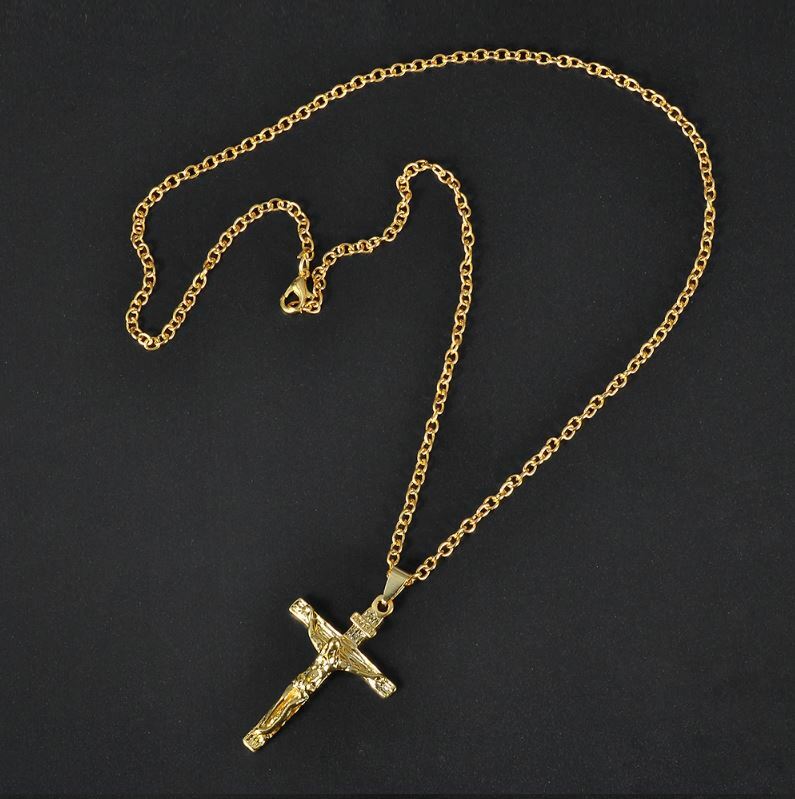 Men's/Women's Gold Plated Cross Pendant Chain – Yellow/White – Stainless Steel – 60cm – UK Made