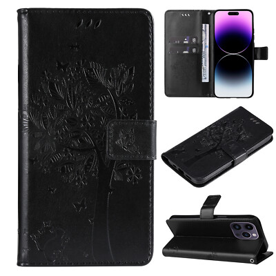 For Various Phone Model New Cat and Tree Wallet Leather Case Luxury Shockproof