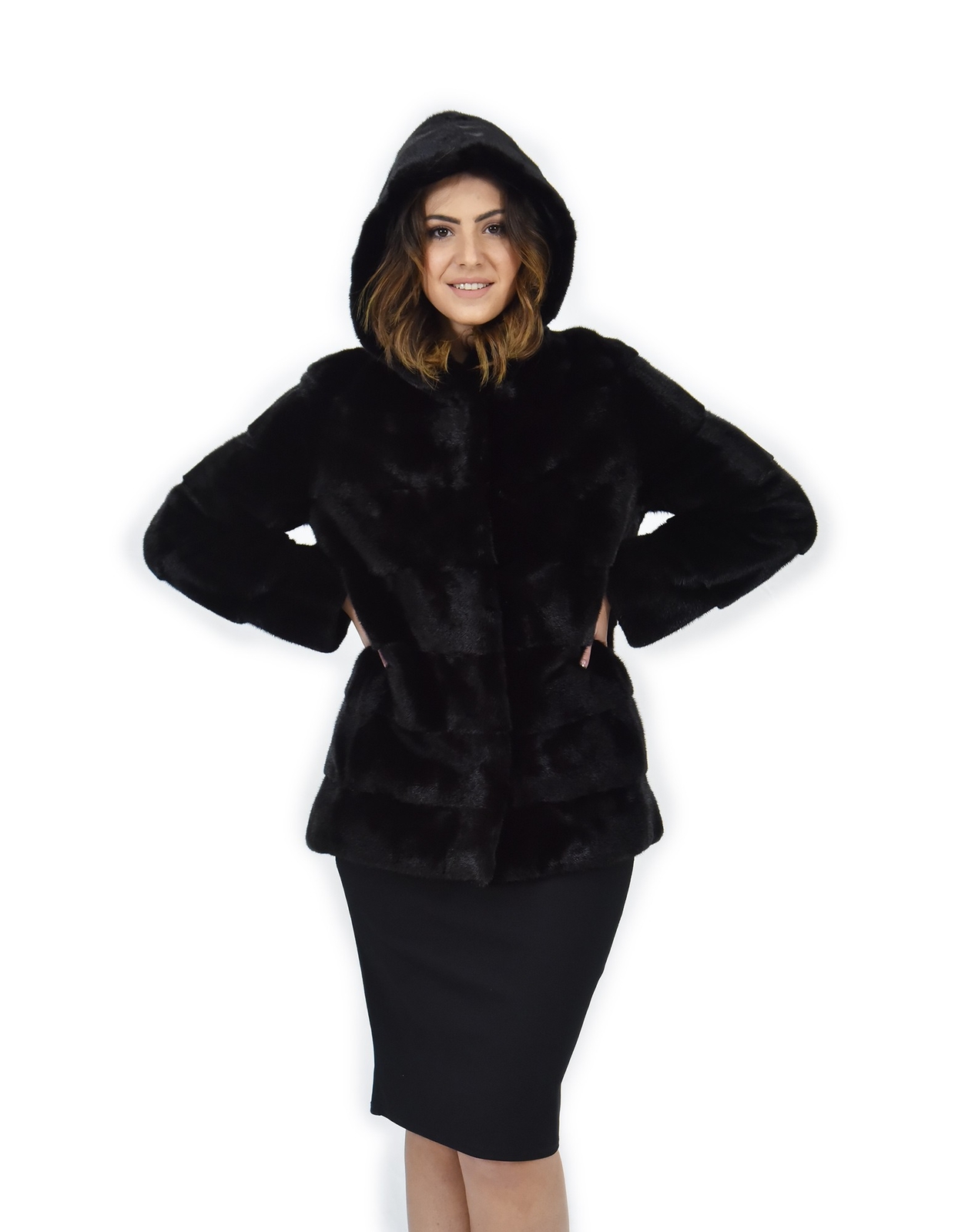 72cm Black Mink Fur Coat Size 44 with Long Leather Sleeves