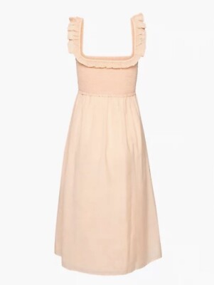 Aritzia Wilfred Reminisce Dress Coral Blush Midi Smocked Ruffled Voile  Cotton S